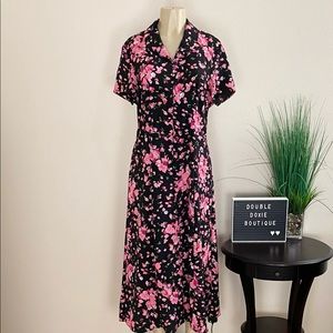 MISS DORBY | Vintage Black And Pink Floral Midi Dress Sz 16P